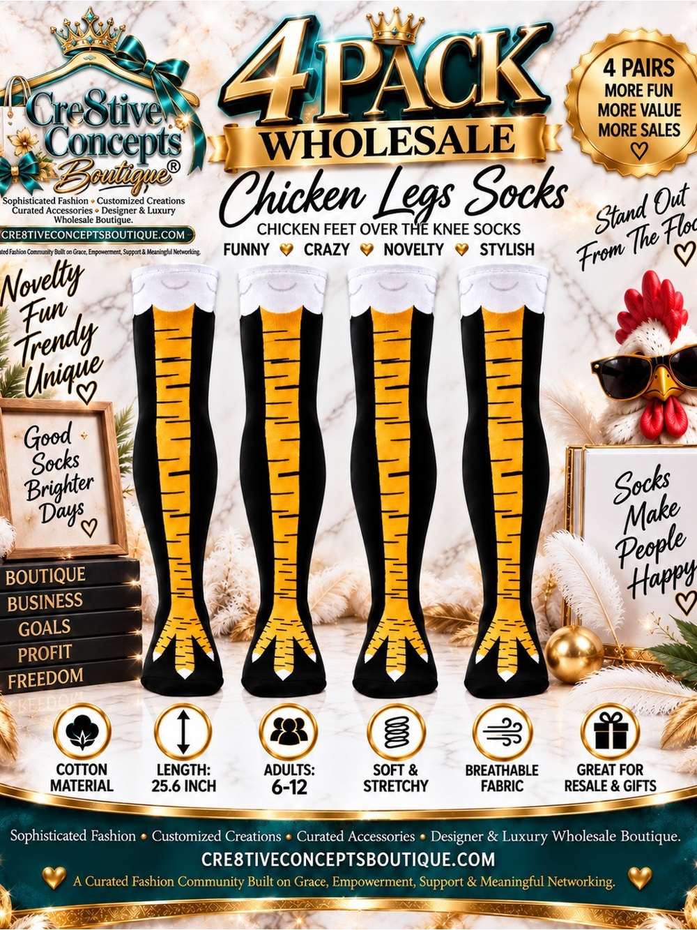 4-Pack Wholesale Chicken Legs Over-the-Knee Novelty Cotton Socks – Adult 6–12